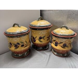 3 Pc Certified International French Olive Canister Set Vacher White Scrolls Lot